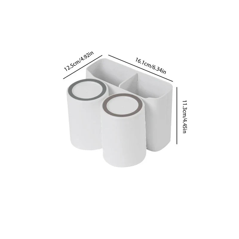 Cup Holder Set - White multi-compartment organizer with two cylindrical cups, shown with dimension labels on white background
