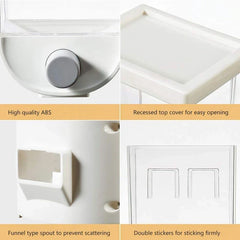 Dry Food Container - Four close up details of the dispenser, each with a descriptive text label