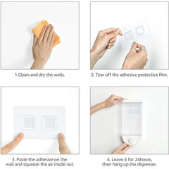 Dry Food Container - Four-step installation guide showing wall cleaning, adhesive preparation, sticking, and dispenser hanging