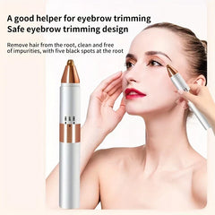 Rotary Shaver - Device in use for eyebrow trimming, shown next to product unit