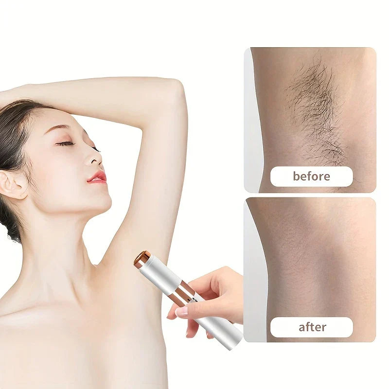 Rotary Shaver - Model demonstrates an electric depilator on her underarm, with before/after close-up comparison of underarm skin and hair