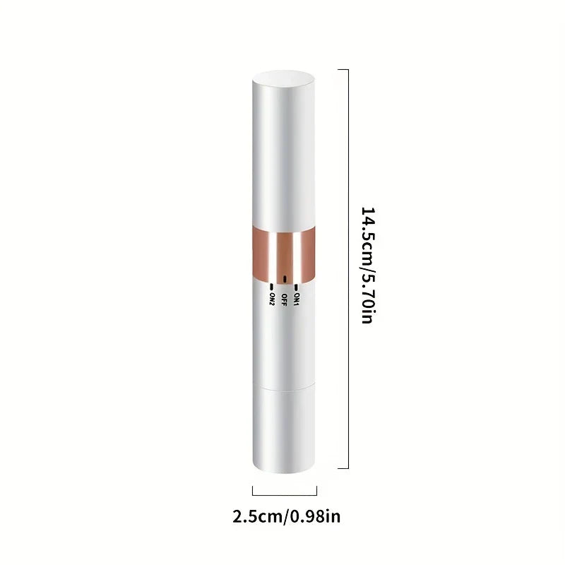 Rotary Shaver - Electric depilator dimensions shown: length 14.5cm/5.70in, diameter 2.5cm/0.98in, with ON1, OFF, ON2 switch markings