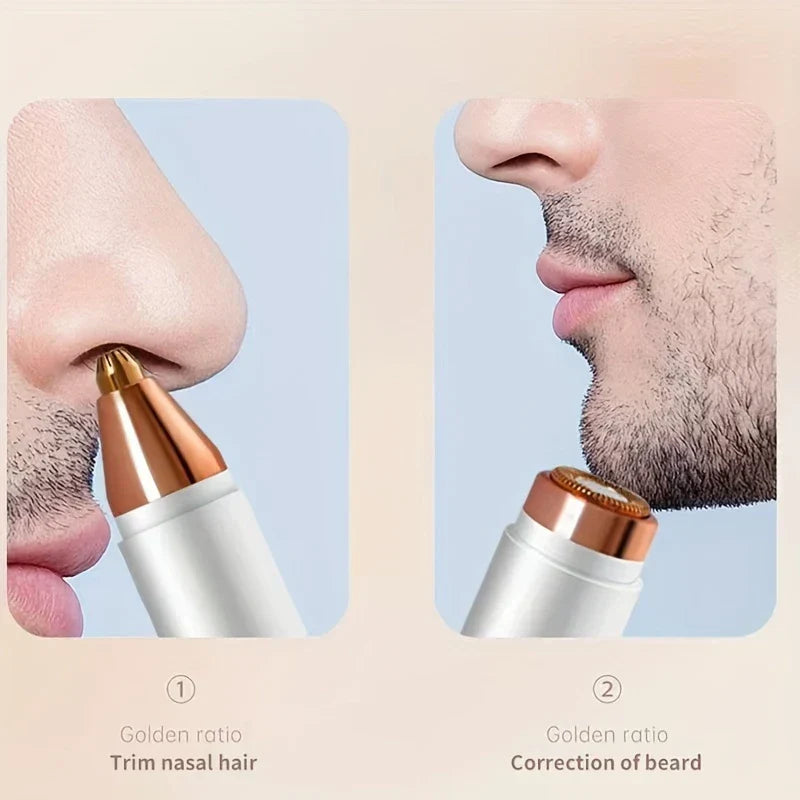 Rotary Shaver - Two-panel demonstration: left shows narrow trimmer head inserted into a nostril, right shows wider trimmer head near a man’s beard.