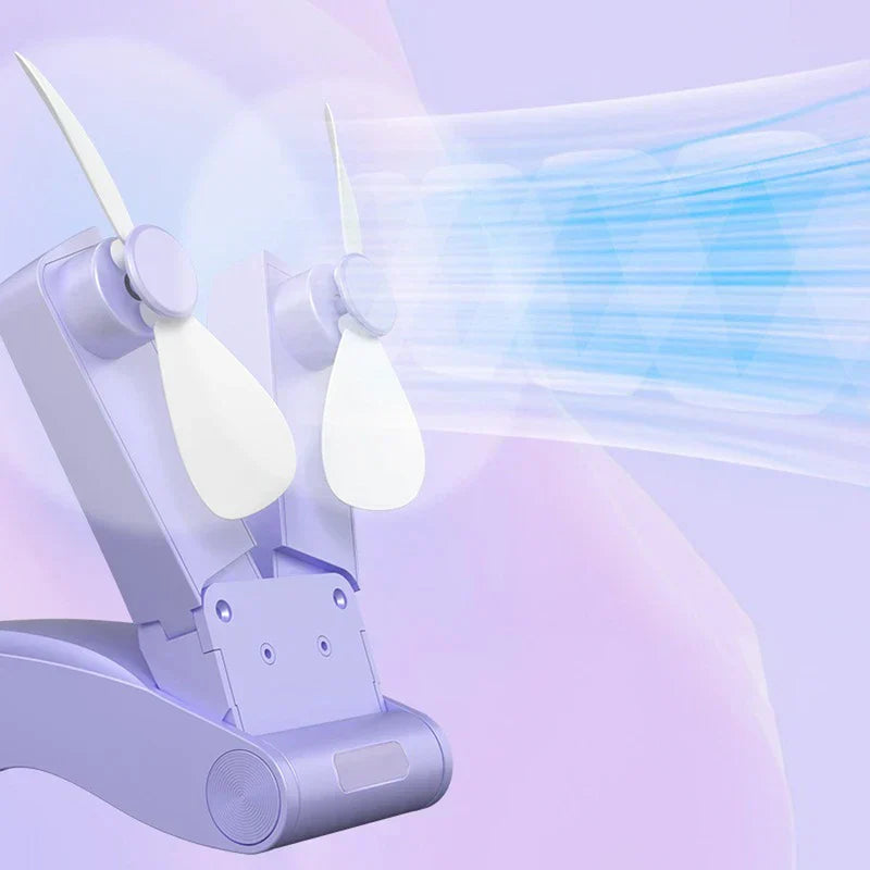 tischventilator - Geöffneter violetter Doppelkopf-Ventilator mit visualisierten Luftstromlinien vor weichem violettem Verlaufshintergrund