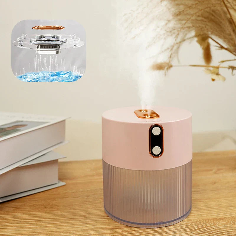 Humidifier Diffuser - Pink dual-nozzle humidifier emitting mist on a wood table beside stacked books, with an inset diagram showing water circulation