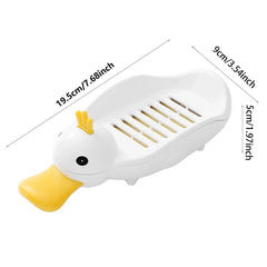Duck Soap Dish Holder - White and yellow duck-shaped soap dish with length, width and height dimension labels