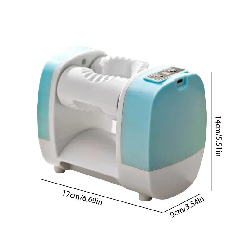 Dumpling Press Mold - Electric dumpling maker with white and light blue body, marked dimensions on three axes against plain white background