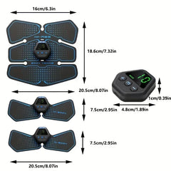 Muscle Stimulator Belt - EMS muscle stimulator set with size dimensions, including one abdominal pad and two smaller body pads, plus a close-up of the control module.