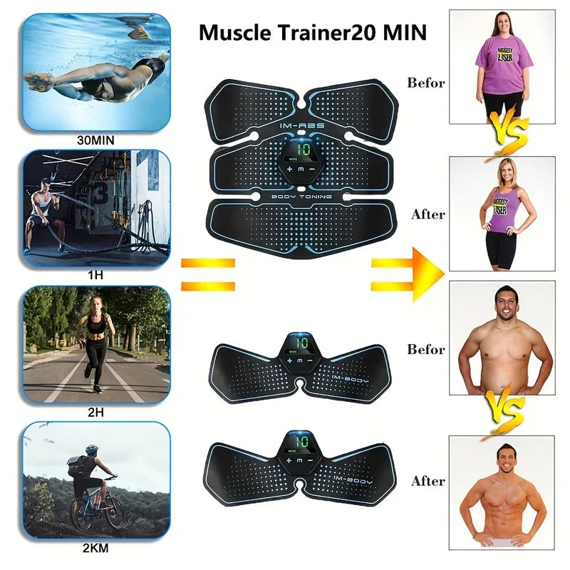 muskelstimulatorbælte - Muskelstimulatorbæltepuder til maven ved siden af træningsikoner og før-efter-fitness-sammenligningsfotos.