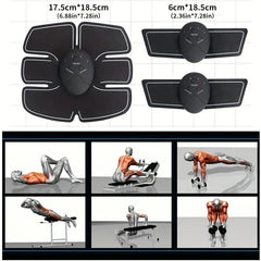 Muscle Stimulator Pad - EMS muscle stimulator pads with size labels and six exercise pose illustrations below.