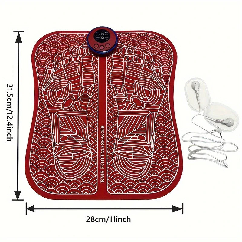 Tapis de massage des pieds EMS rouge avec unité de contrôle fixée, dimensions indiquées, accompagné de deux électrodes câblées à côté