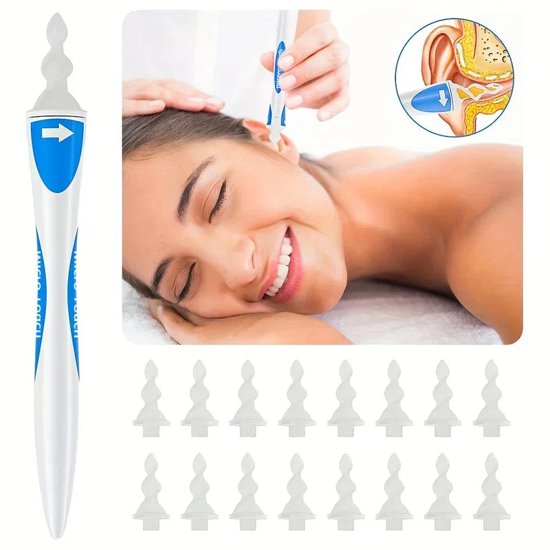 16 Tips - Full ear wax removal tool displayed alongside 16 replacement silicone tips, with demonstration of in-ear use