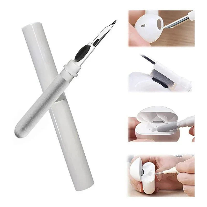 Close-up of earbuds cleaner pen brush tool cleaning a wireless earbud