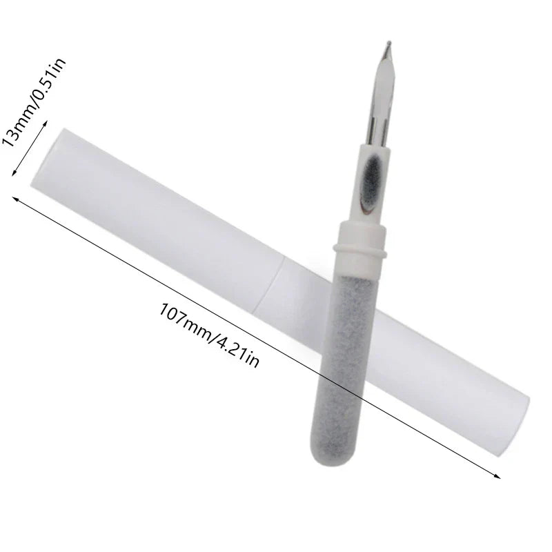 kit de limpieza para auriculares - Tapa de bolígrafo limpiador cilíndrico blanco junto al bolígrafo con cepillo, punta metálica y extremo de esponja suave; líneas de dimensión marcan la longitud y el diámetro de la tapa