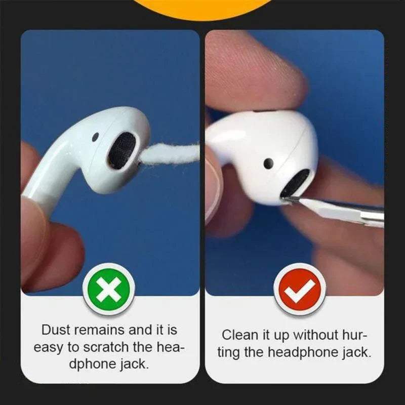 kit de limpieza para auriculares - Comparación de dos paneles: izquierda muestra hisopo de algodón limpiando auricular con marca X verde, derecha muestra punta metálica limpiando auricular con marca de verificación roja, con texto explicativo debajo de cada uno