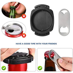 Manual Can Opener - Diagram showing incorrect opening methods marked with X, correct methods marked with checkmarks, and a can opener.