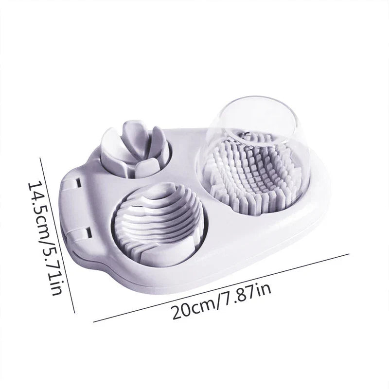 White three-function egg slicer with dimension labels showing 20cm length and 14.5cm width, on a plain white background.