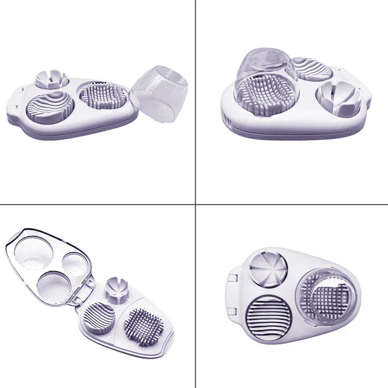 Four-panel view showing the egg slicer from multiple angles, including the unit opened to show its three cutting inserts.