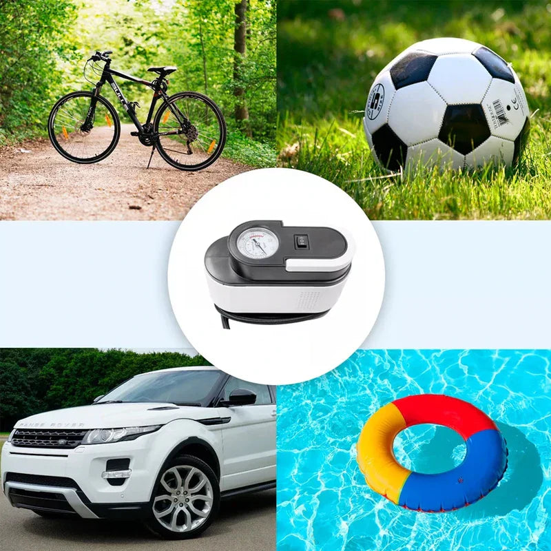 Electric Air Pump - Collage showing inflator alongside compatible use items: bicycle, soccer ball, car tire, and pool swim ring