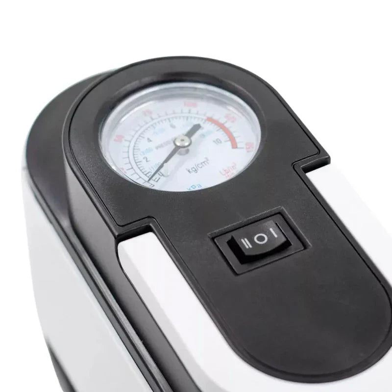 Electric Air Pump - Close-up of the analog pressure gauge and three-position rocker switch on the air compressor.