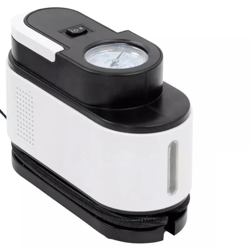 Electric Air Pump - Compact white and black portable air pump with analog pressure gauge and top power switch.