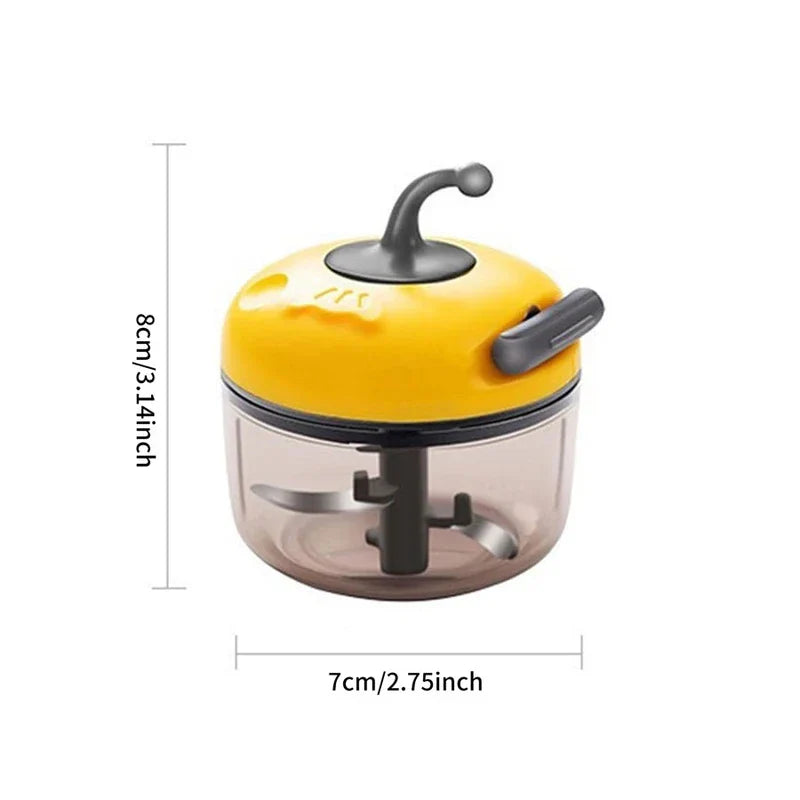 Smoothie Maker - Small pull chopper showing its dimensions: 8cm/3.14in tall, 7cm/2.75in wide, yellow lid and translucent body with internal blades