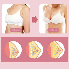 Massager Bra - Diagram showing before and after views of a chest in a bra, plus three cross-section illustrations of breast tissue