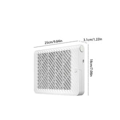 Racket Mosquito - White electric bug zapper with dimensions 25cm long, 18cm tall, and 3.1cm thick, showing power button and charging port.
