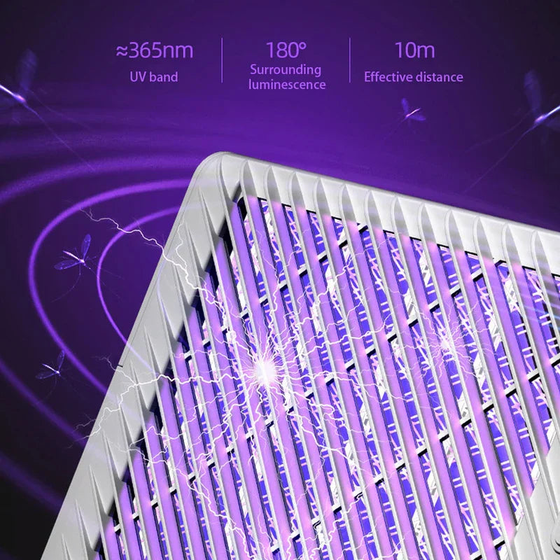 Racket Mosquito - Close-up of purple-lit zapper grid with electric arcs, noting 365nm UV band, 180-degree glow, and 10m range.