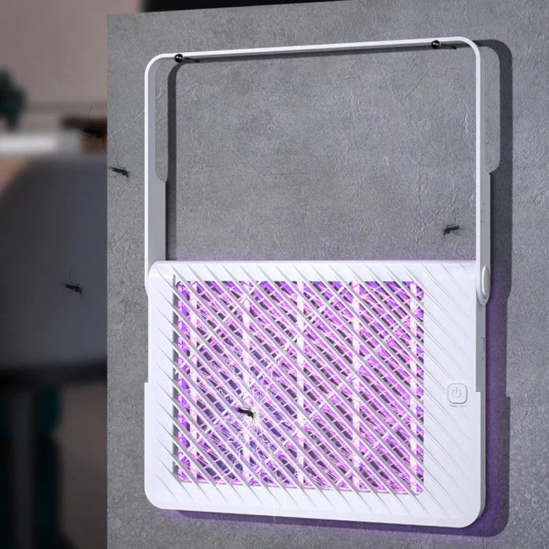 Racket Mosquito - Thin white wall-hung bug zapper emitting purple light, with a mosquito on its electrified grid.