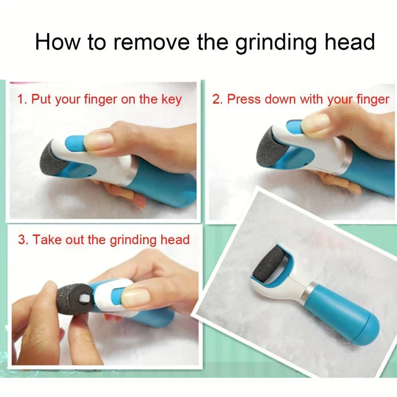 Three-step photo guide showing how to remove the grinding head from an electric foot file.
