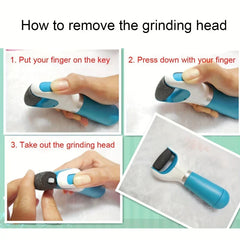 Three-step photo guide showing how to remove the grinding head from an electric foot file.