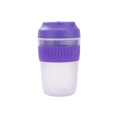 Electric Citrus Juicer - Collapsible travel cup with purple lid, purple grip band, translucent upper section, and frosted white lower body against a white background