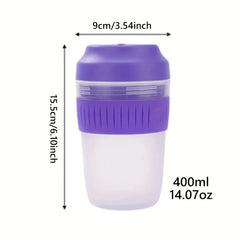 Electric Citrus Juicer - Purple portable blender cup with measurement labels showing 400ml capacity, 9cm width, and 15.5cm height.