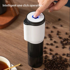 Electric Coffee Bean Grinder - Finger pressing the illuminated top power button to activate the grinder, with scattered coffee beans on the surface below