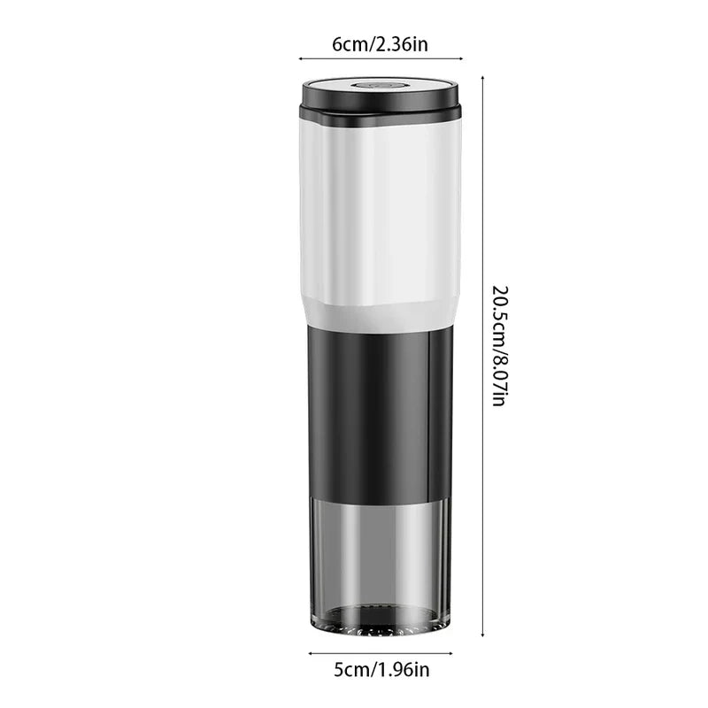 Electric Coffee Bean Grinder - White and black cylindrical portable electric grinder with dimension labels showing its height and width measurements.