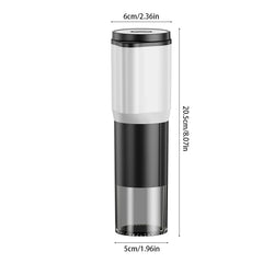 Electric Coffee Bean Grinder - White and black cylindrical portable electric grinder with dimension labels showing its height and width measurements.