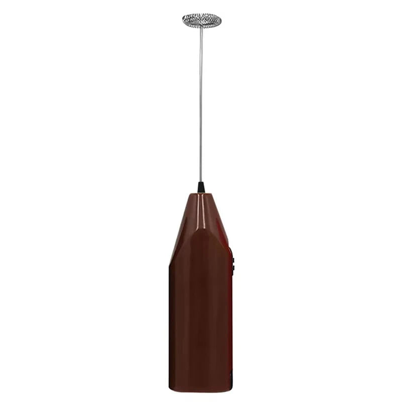 Brown handheld electric mixer with stainless steel spring whisk head, vertical front view on plain white background