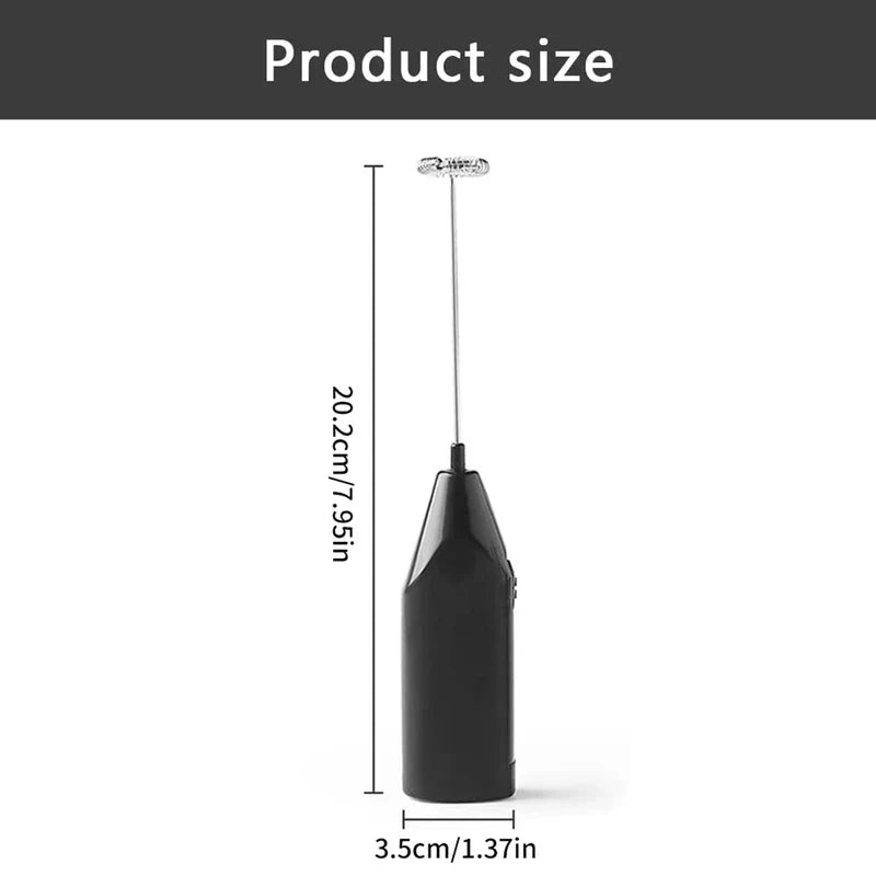 Mixer - Black handheld electric milk frother, shown with overall height and body width dimension labels