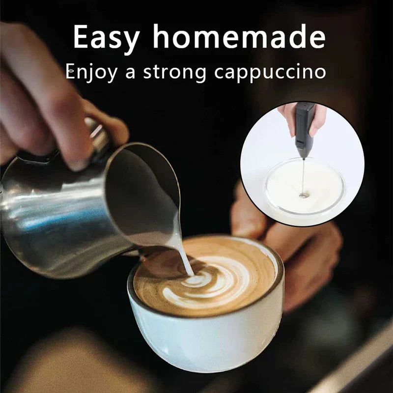 Mixer - Hand pouring steamed milk into a latte art coffee cup, inset of the frother mixing milk in a clear bowl
