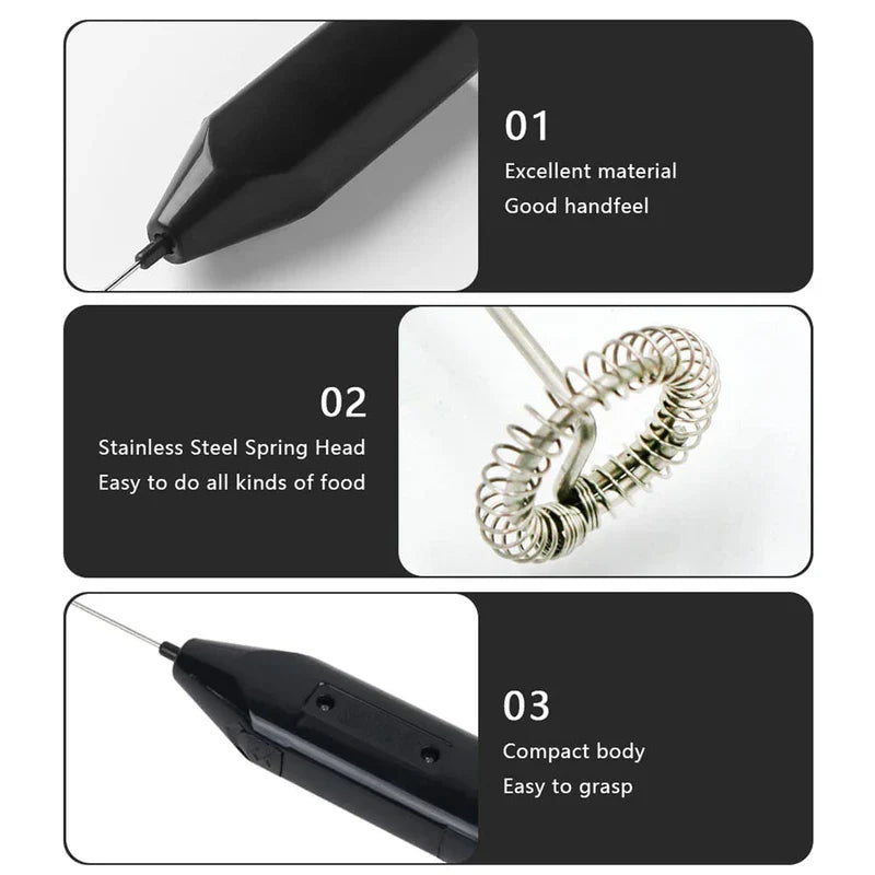 Mixer - Three-panel product detail layout: black plastic handle close-up, stainless steel spring whisk head, side of the handheld unit
