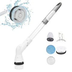 Electric Spin Scrubber - Powered cleaning brush displayed with interchangeable cleaning heads and USB charging cable, with water splash graphic on spinning brush head