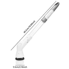 Electric Spin Scrubber - White and gray long-handled electric cleaning brush, shown with total length 48.5cm and brush head width 5.5cm dimension markings.