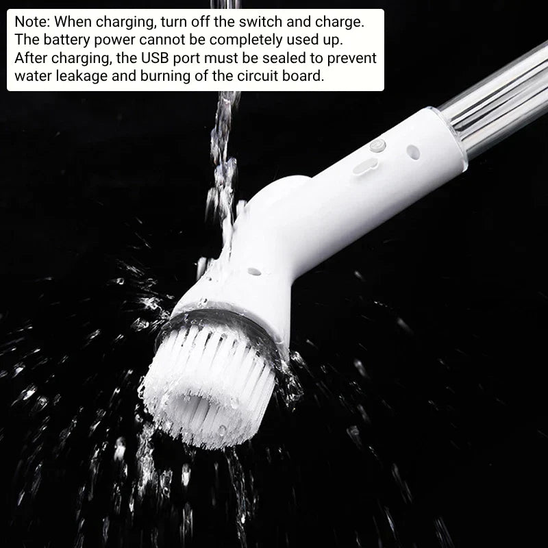 Electric Spin Scrubber - Water pouring over the angled brush head of an electric cleaning brush, with printed charging care note overlaid at the top.