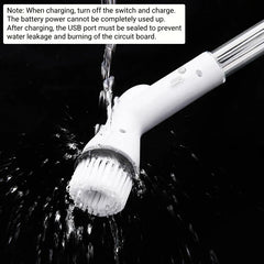 Electric Spin Scrubber - Water pouring over the angled brush head of an electric cleaning brush, with printed charging care note overlaid at the top.
