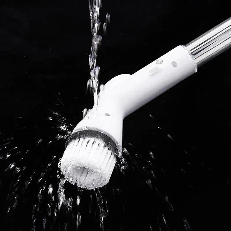 Electric Spin Scrubber - Water pouring over the angled white bristle brush head of an electric cleaning brush, with water splashing against a black background.