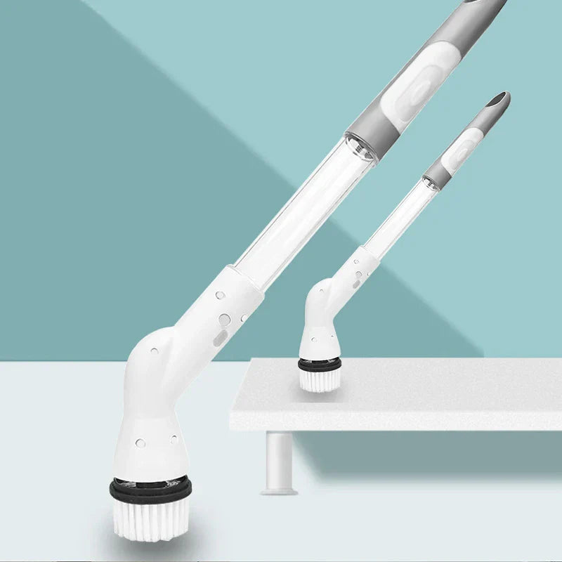 Electric Spin Scrubber - Two white and grey electric cleaning brushes, one larger in foreground and one smaller resting on a white raised surface, against a light blue background.