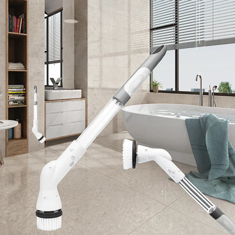 Electric Spin Scrubber - White and grey electric cleaning brush with a round bristle head standing on a tiled bathroom floor, with two additional brushes shown for scale and alternative head
