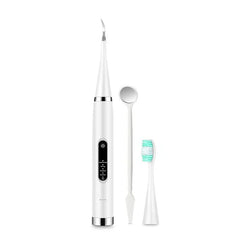 Plaque Remover - Main cleaning unit, dental mirror, and brush head accessory arranged on a plain white background
