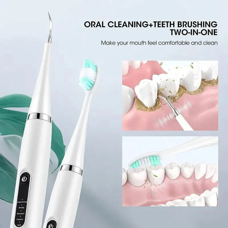 Plaque Remover - Two-in-one oral cleaning and brushing functionality diagram showing cleaning tip and brush head use on teeth